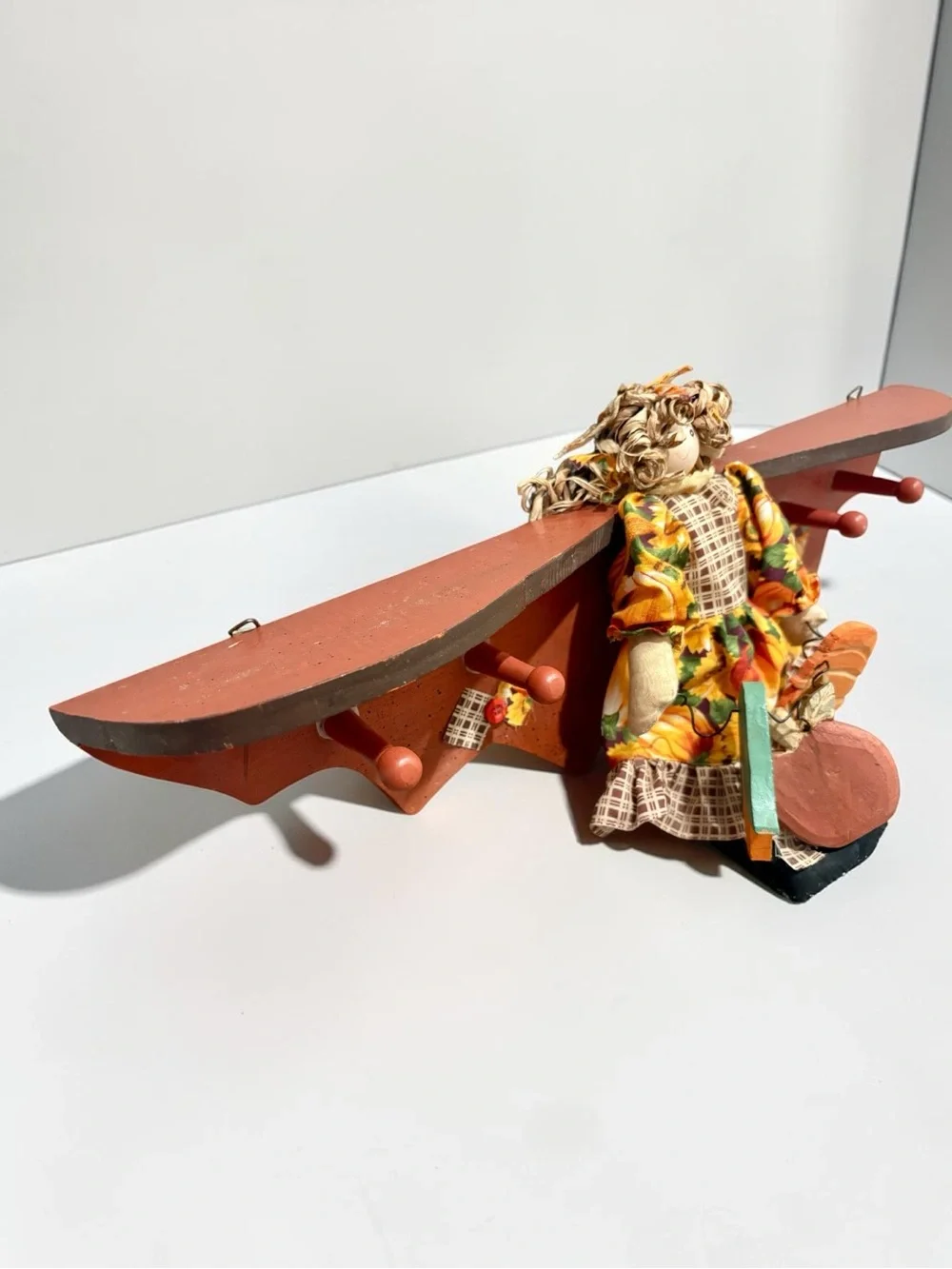 Vintage Handmade 20” Wall Shelf w/ Folk Art Primitive Rag Doll Autumn Harvest